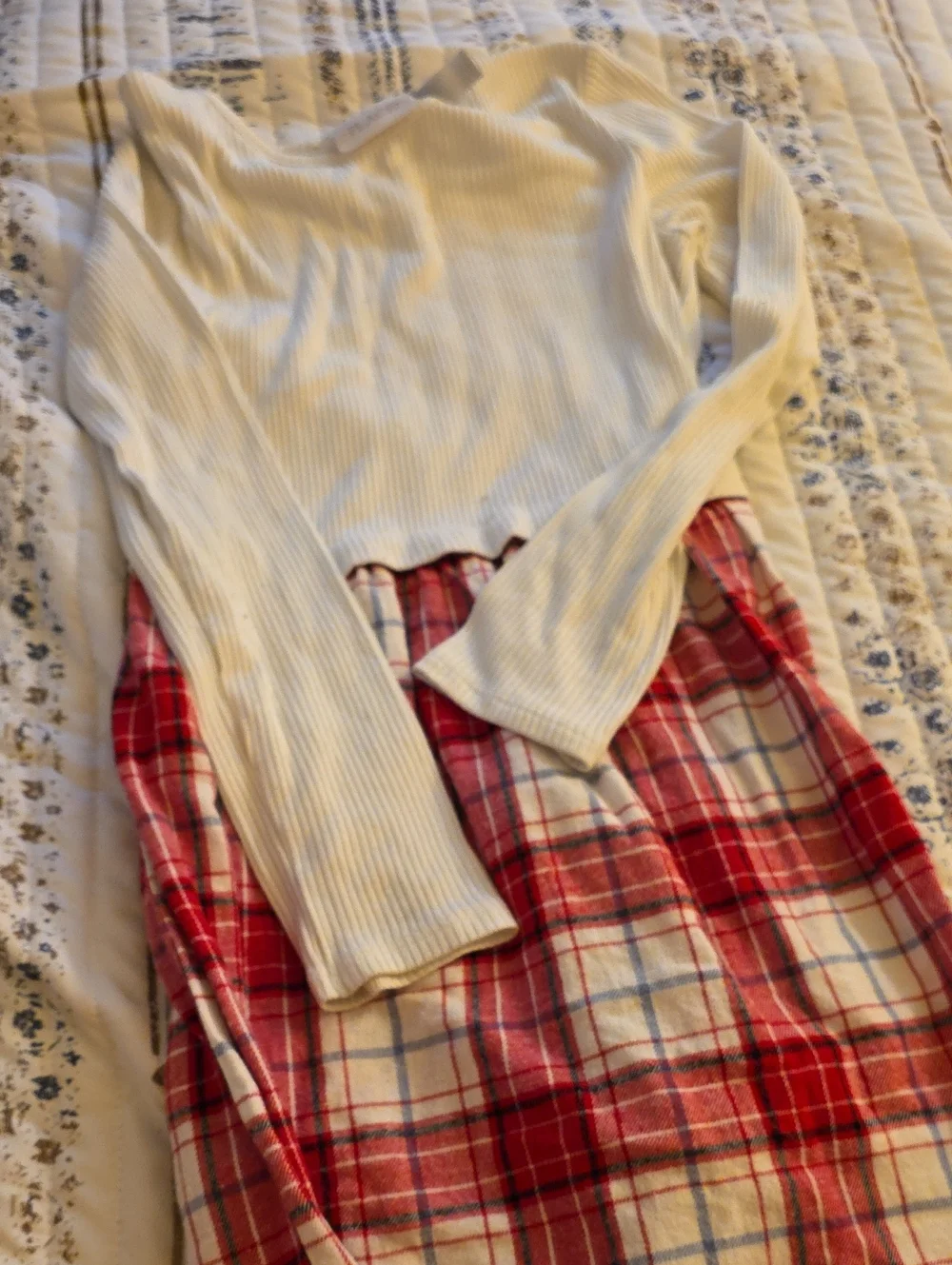 The Children's Place Cream Ribbed Top with Red Plaid Skirt Dress